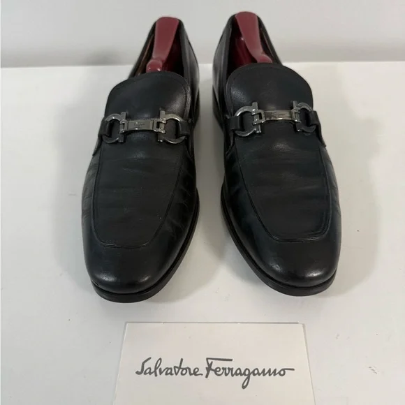 Salvatore Ferragamo Black Leather Loafers with Horsebit Detail
